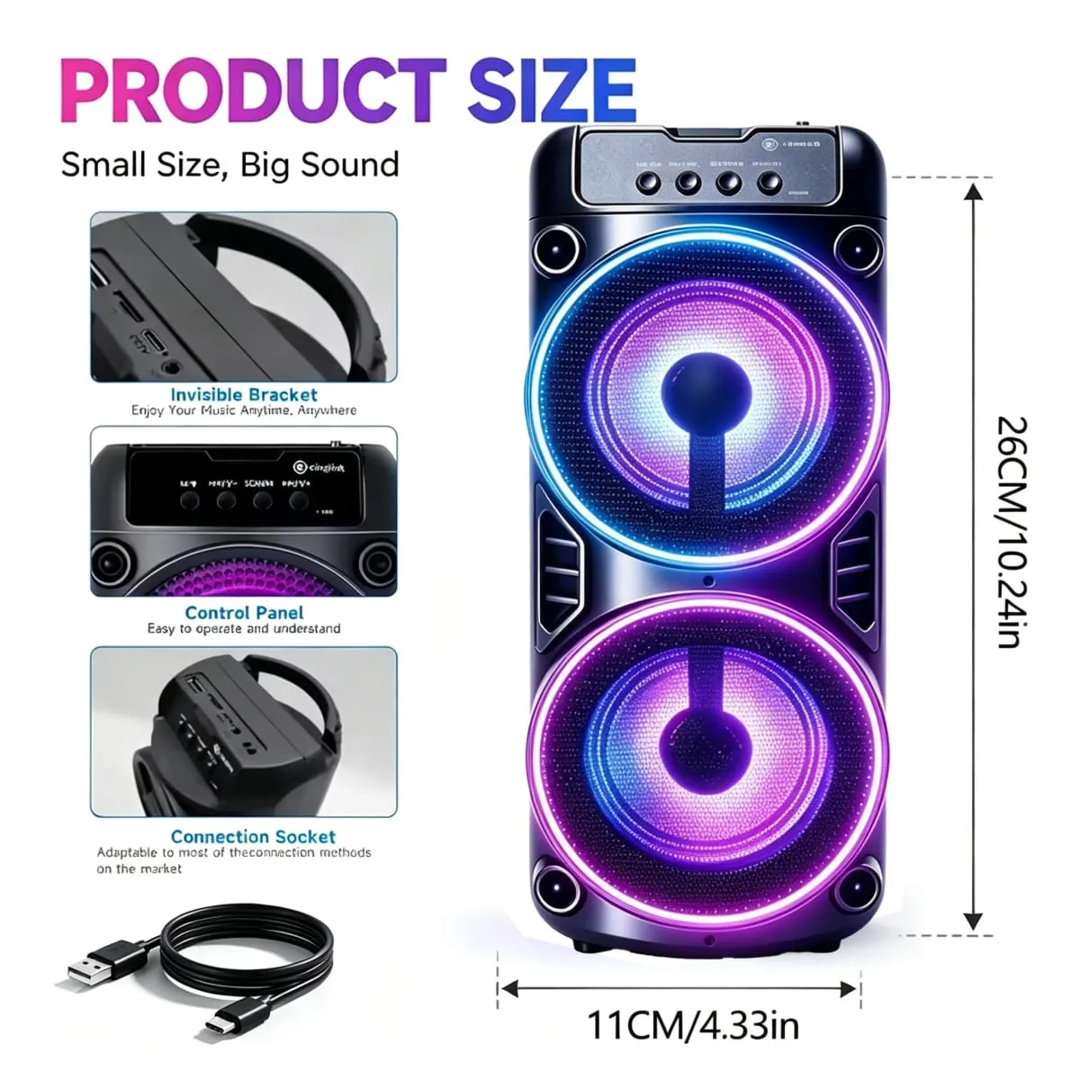 Alto-falante Bluetooth profissional grande design portátil com luzes LED JBL Subwoofer Party Box compatível com BT/USB/TF/AUX/FM/TWS/MIC/EQ Funções Karaokê profissional. Presente ideal para aniversários, Natal e Ano Novo — image 2