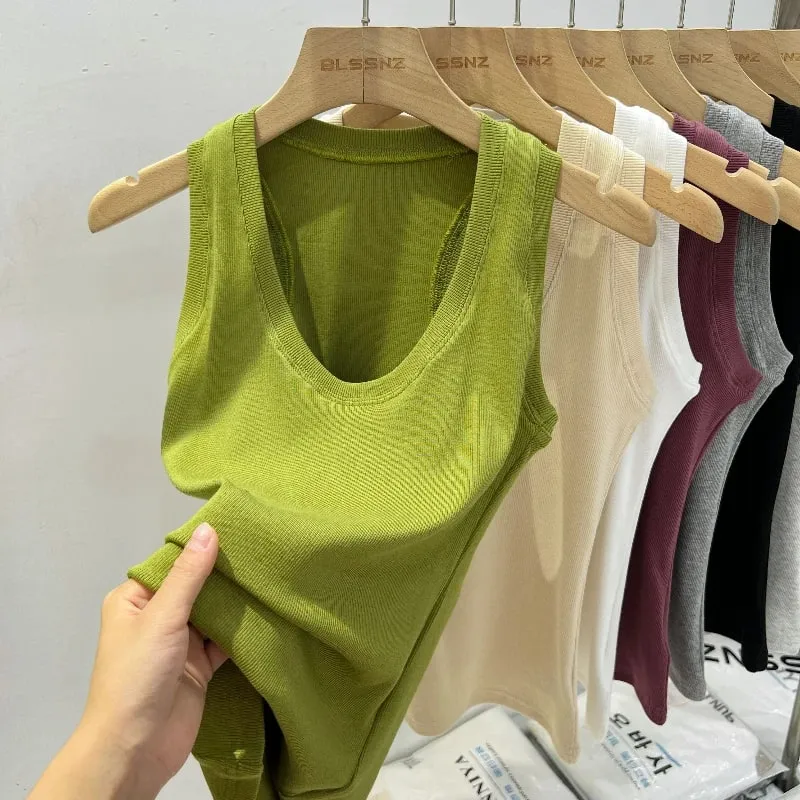 2026 verão básico elástico tanque superior feminino sólido baixo em torno do pescoço com nervuras camisola estilo coreano versátil magro tanques & camis
