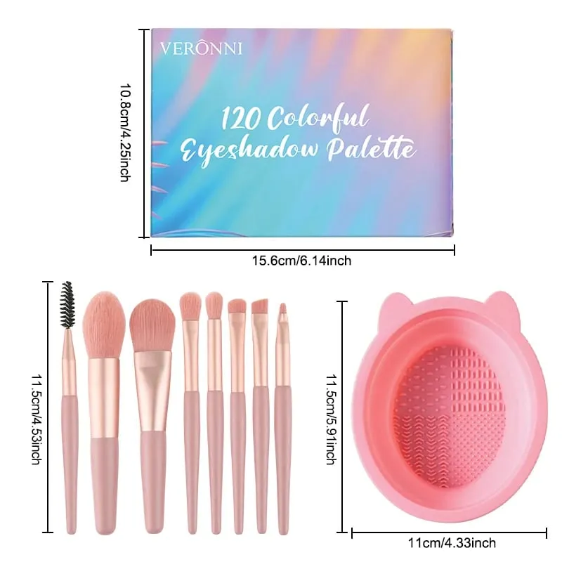 3pcs Makeup Kit 120 Colors Eyeshadow Palette With 8Pcs Makeup Brushes & Foldable Silicone Brush Cleaning Bowl for Daily Parties