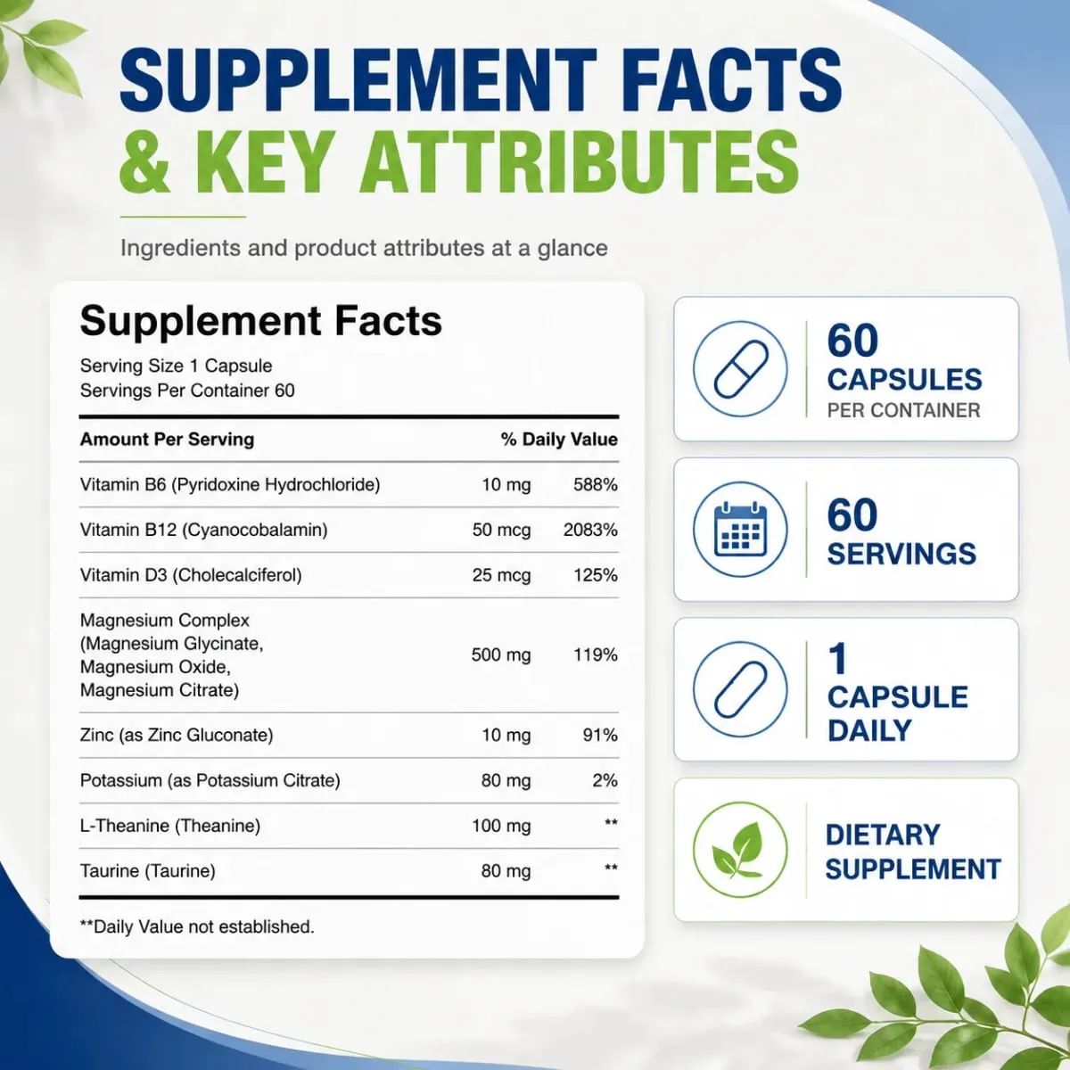 Docteat Magnesium Complex Capsules 500mg L-Theanine Taurine Supports Nerve Health Energy Metabolism Muscle Relaxation 60 Caps