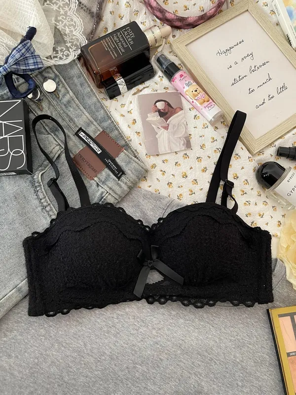Novo conjunto de lingerie de renda sem fio sutiã acolchoado meia xícara pequeno busto impulso sexy anti-sag roupa interior feminina toda a temporada S-XLAB copo