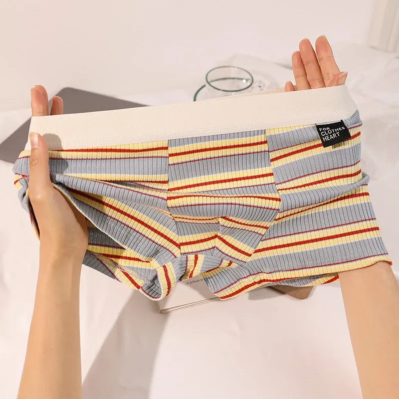 Men's Cotton Panties Sexy Stripe Comfortable Underpants Elastic Breathable Boxer Shorts U Bulge Pouch Male Underwear Cueca Homme