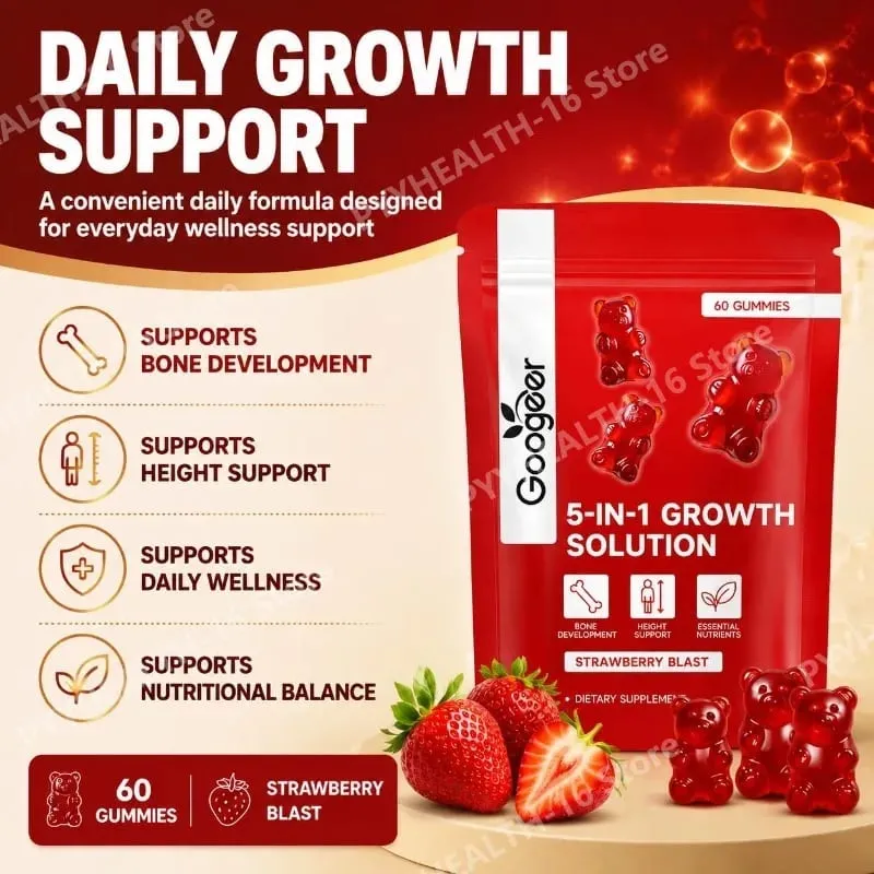 Googeer 5 em 1 solução de crescimento gomas para desenvolvimento ósseo e suporte de altura vitamina D3 K2 cálcio morango explosão 60 gomas