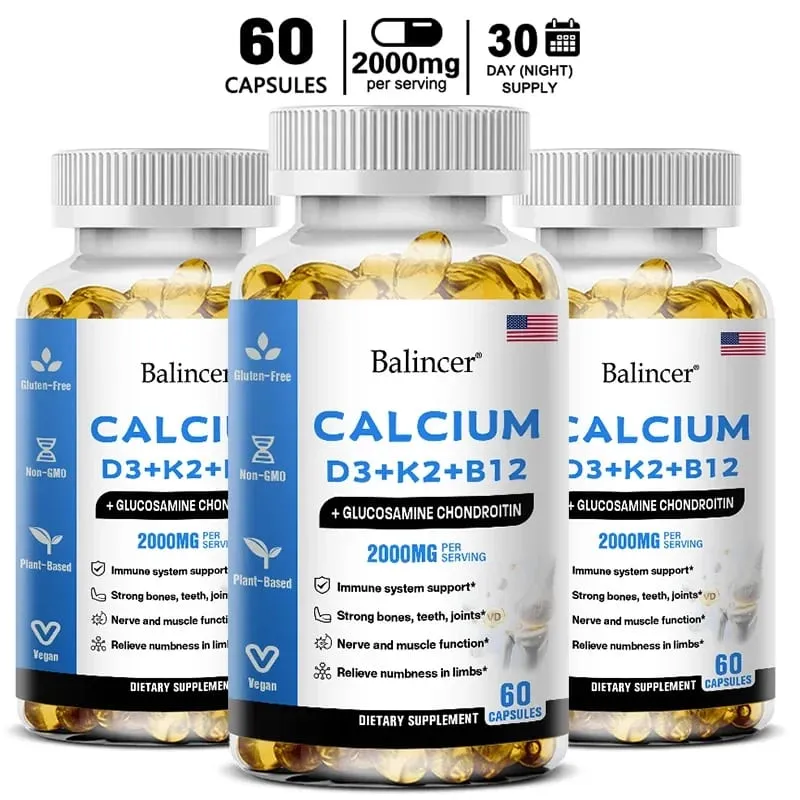 Balincer Vitamin D3+K2+B12 2000mg Capsules for Bone Immune and Calcium Support 120 Capsules Non-GMO