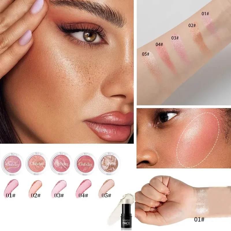 Conjunto combinado de blush e destaque, acabamento orvalhado luminoso, cor edificável, uso de longa duração para maquiagem facial com brilho natural