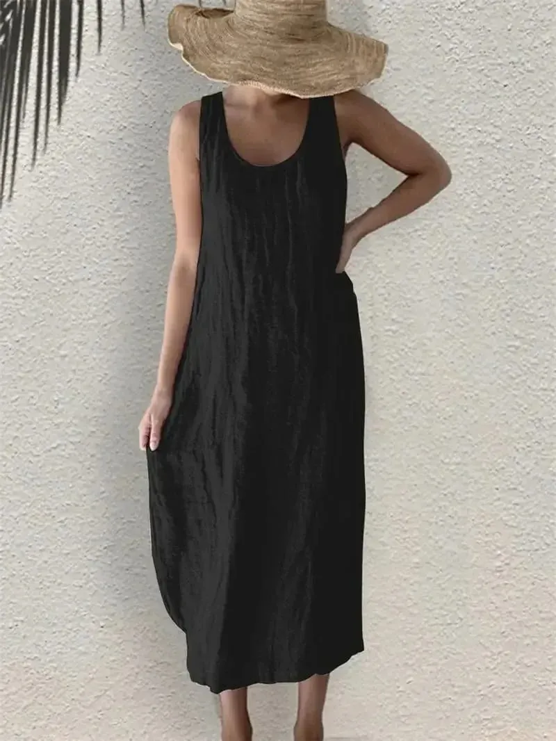 Women Comfortable Casual Cotton Linen Dresses 2026 Summer Solid Color Side Pockets Dress Female O Neck Pullover Sleeveless Gown