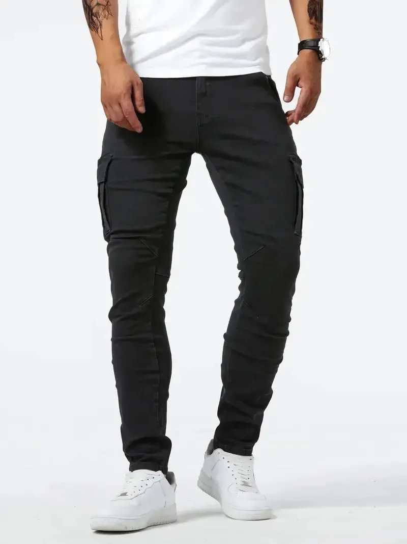 Calça jeans masculina stretch de rua, lavada, cor sólida, multi bolsos, calça de trabalho, casual, slim fit, uso diário, calça de corrida, mid wa