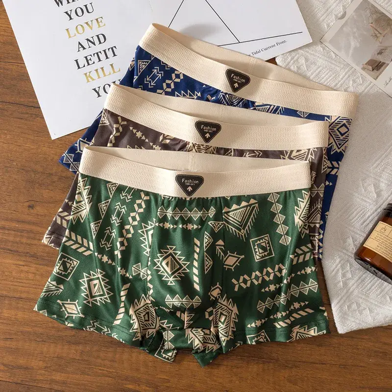 Men's Boxer Retro Ethnic Style Comfortable Smooth Fabric Briefs Vintage Print Elastic Underwear for Man Lingerie Flat Underpants