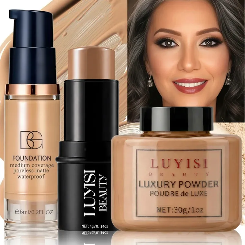 Conjunto de maquiagem facial: 1 unidade de base + 1 unidade de bastão de contorno + 1 unidade de pó de configuração, cobertura completa, cosméticos macios à prova d'água e à prova de suor.