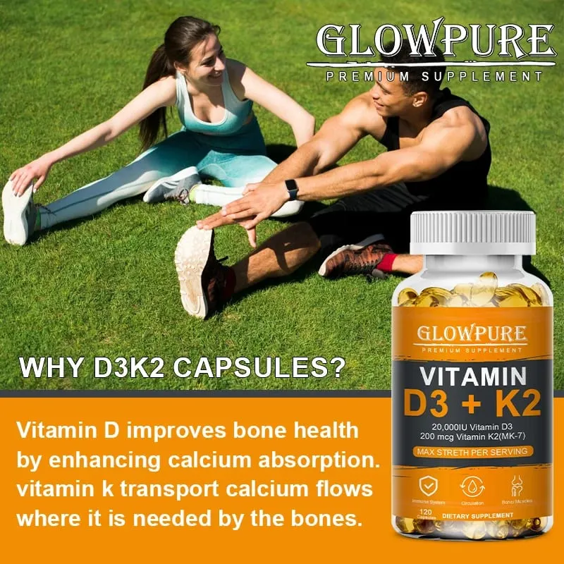 Cápsula de vitaminas D3 K2 para absorção de cálcio nas articulações dos ossos, sistema imunológico cardiovascular, suplemento diário de saúde
