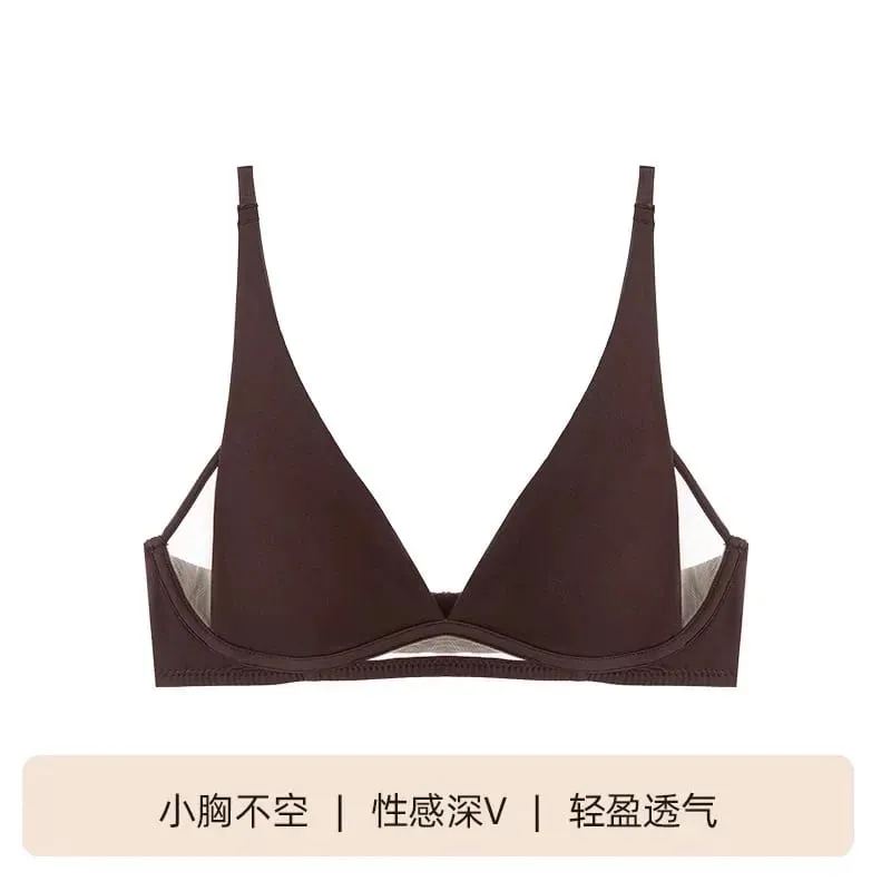 Sutiã triangular francês com orelha de coelho, sutiã sem fio em v profundo para busto pequeno, sem lacuna, conjunto de lingerie sexy respirável, verão fino