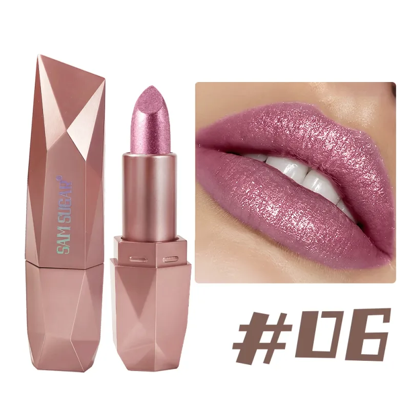 Batom com glitter diamante de longa duração, hidratante à prova d'água, altamente pigmentado, brilho metálico perolado, antiaderente