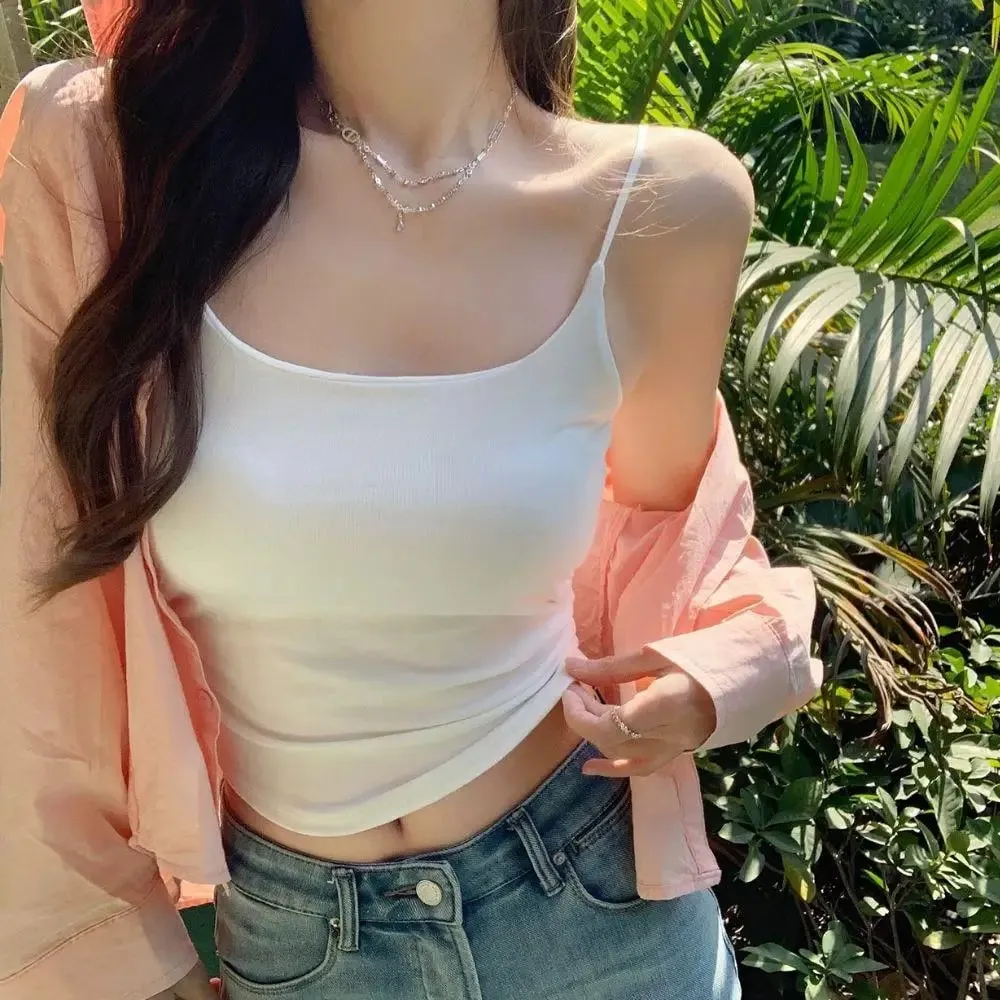 Feminino cor sólida alças de espaguete sem mangas camisola fina com almofada no peito moda feminina verão topo vestindo dentro e fora