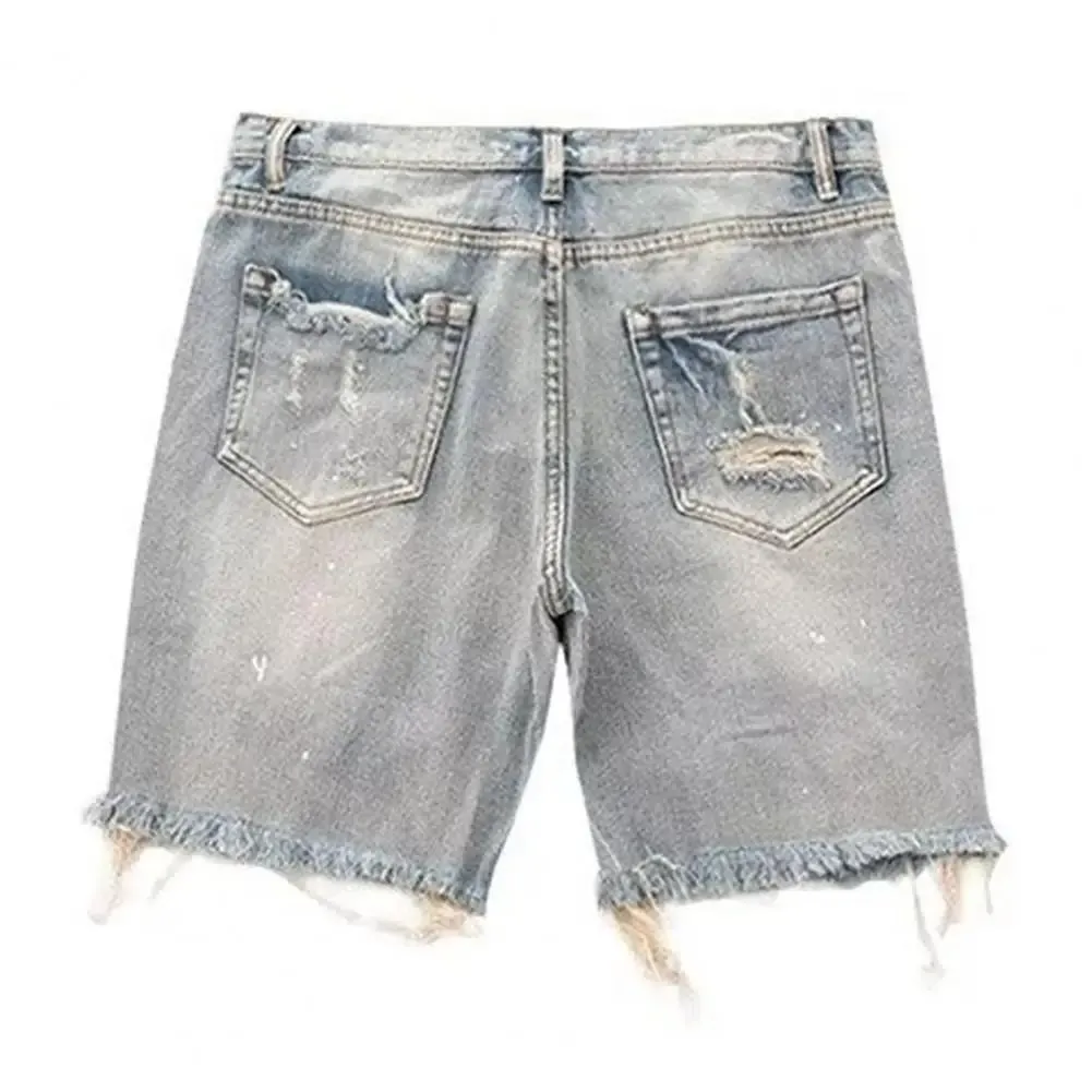 Homens verão angustiado denim shorts botão zíper voar multi bolsos jeans curtos ajuste reto rasgado buracos na altura do joelho angustiado — image 5