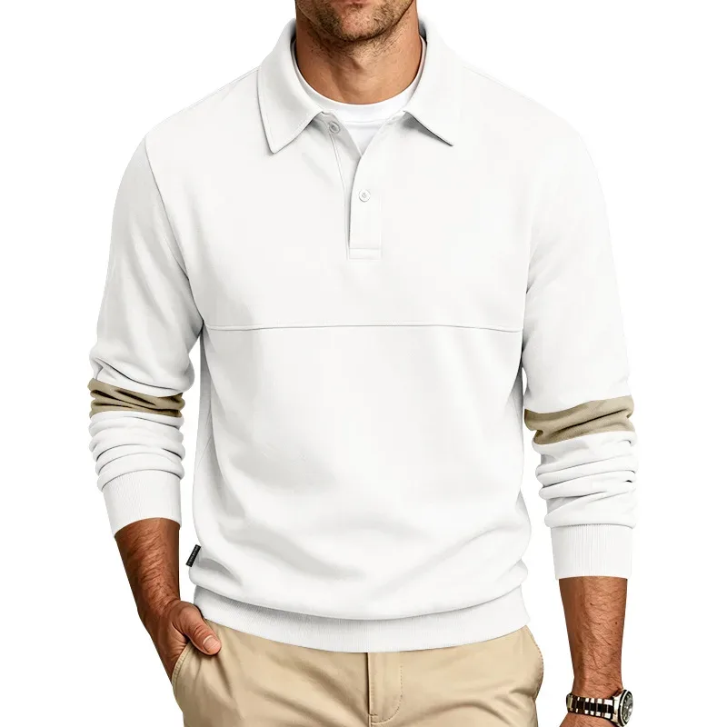Men Lapel Polo Sweatshirt, Color Block Long Sleeve Pullover, Loose Solid Casual Top for Spring Autumn Daily Outfit