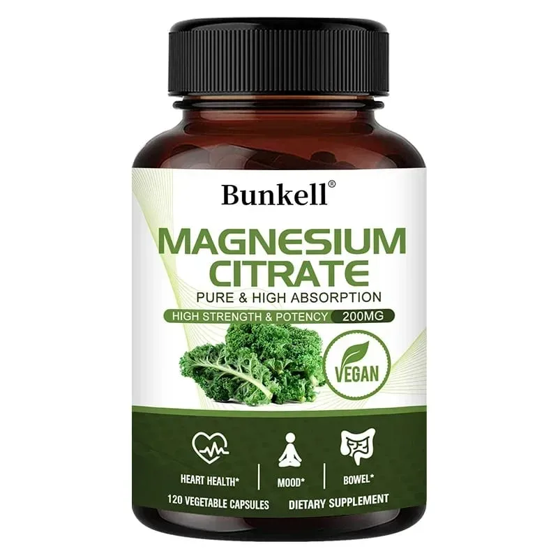 Cápsulas de citrato de magnésio 200 mg - Absorção máxima para saúde muscular, nervosa, óssea e cardíaca, sem glúten, não OGM