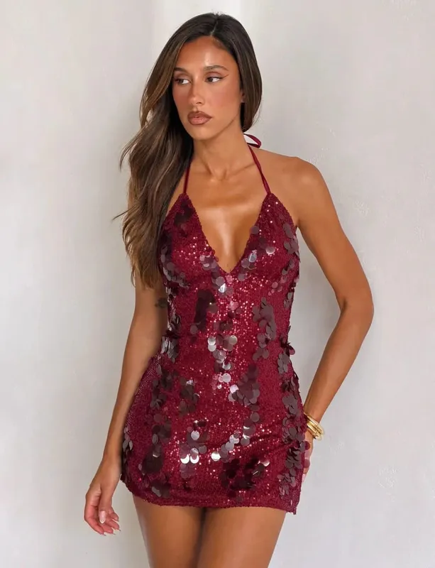 Mulheres sólido lantejoulas mini vestido halter pescoço profundo decote em v bodycon sem mangas vestidos brilhantes formal clube festa cocktail vestidos novo