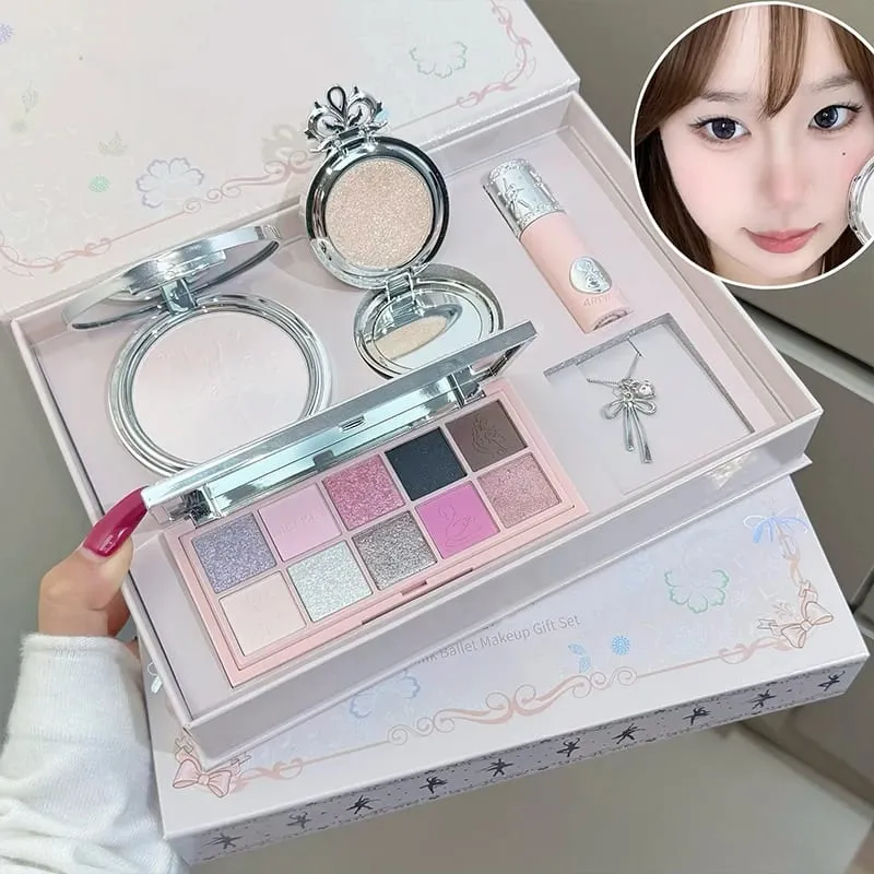 A caixa de maquiagem de balé rosa inclui 1 * lama labial 1 * pó prensado 1 * pó de destaque 1 * paleta de sombra em pó com colar
