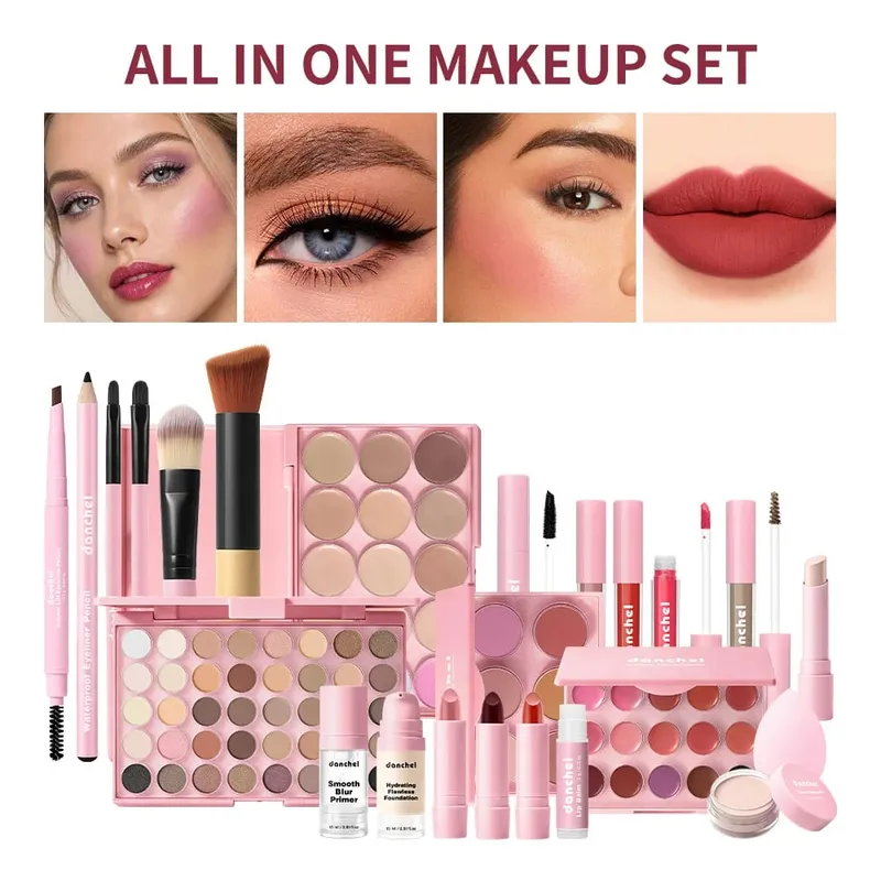 Tudo em um conjunto de maquiagem para rosto cheio base corretivo contorno destaque blush paleta sobrancelha lápis sombra de olho kit de maquiagem labial