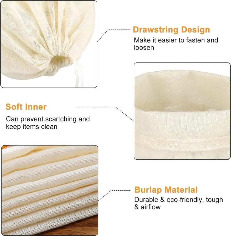Sacos de algodão reutilizáveis, 5 peças, 20x25cm, cordão de musselina, gaze, especiarias, sopa, para cozinhar, caldo de osso, bolsa de fermentação