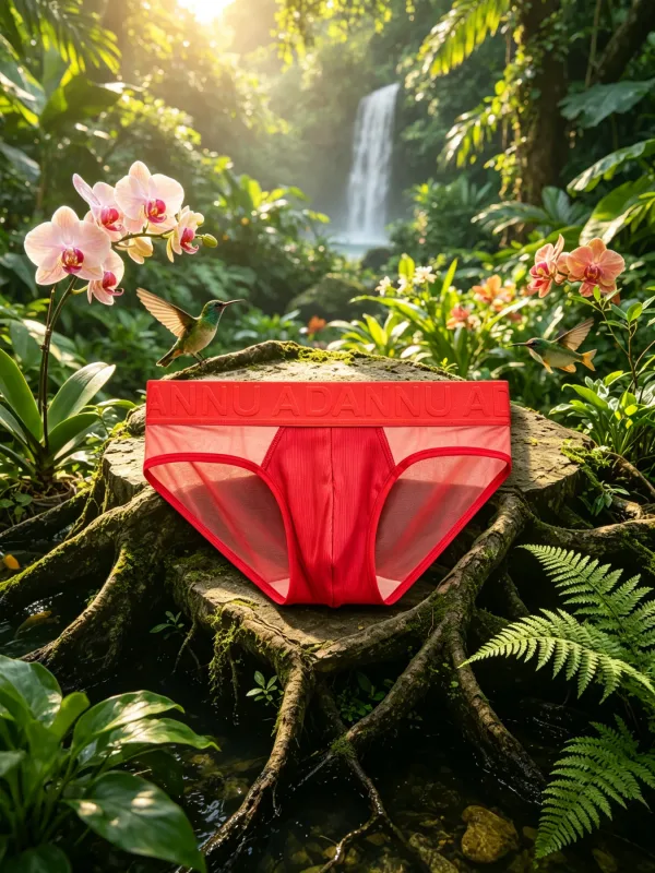 Cueca triangular masculina de cintura baixa, painel de malha lateral, material de grão vertical, bolsa de contorno 3D, letra em relevo, elástico largo