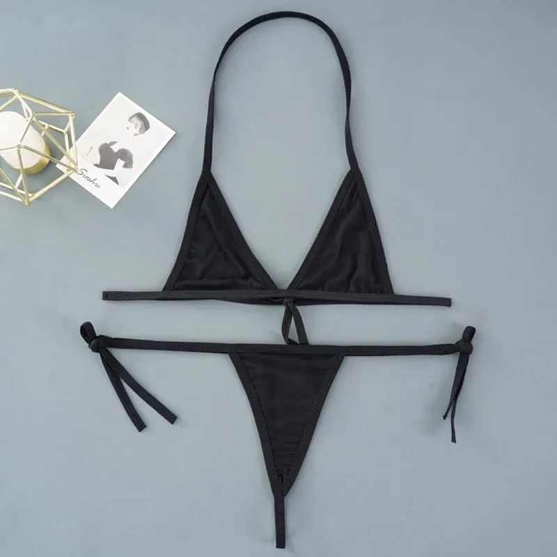 Sexy mini conjuntos de sutiã wirefree malha ultra-fina sem forro conjunto breve preto transparente 2 peças halter conjuntos de lingerie exótica feminina