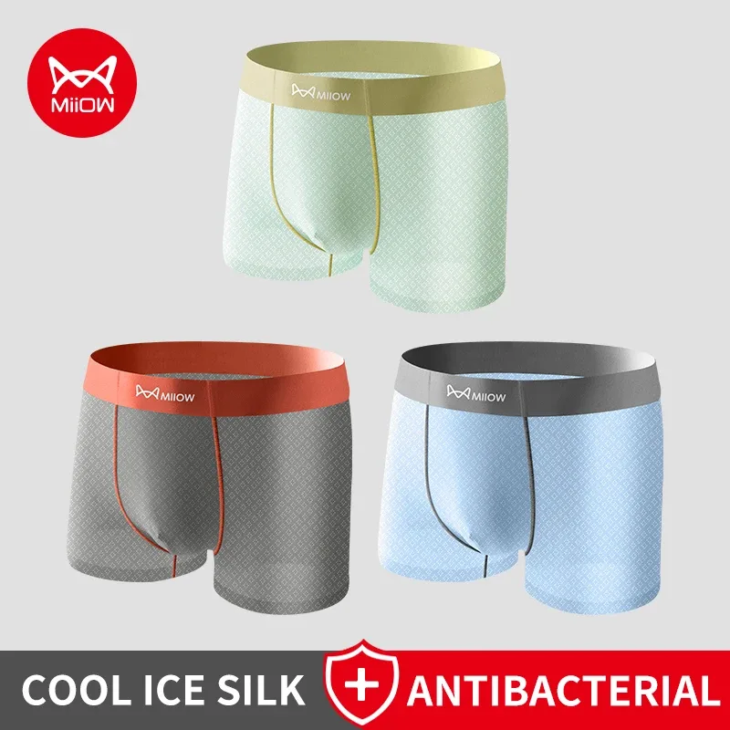 MiiOW 3Pcs Cool Ice Silk Men Underwear Boxers 7A Antibacterial Men's Panties Seamless Mesh Breathable Mens Underpants Man Boxers