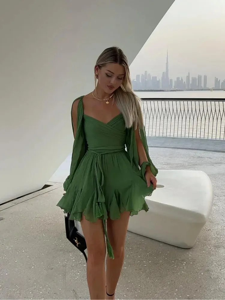 Irregular Mesh Split Long Sleeve Dress Sexy Green Lace Up Pleated Hem High Waist Vestido Summer Lady Vacation Beach Gowns 2025 — image 4
