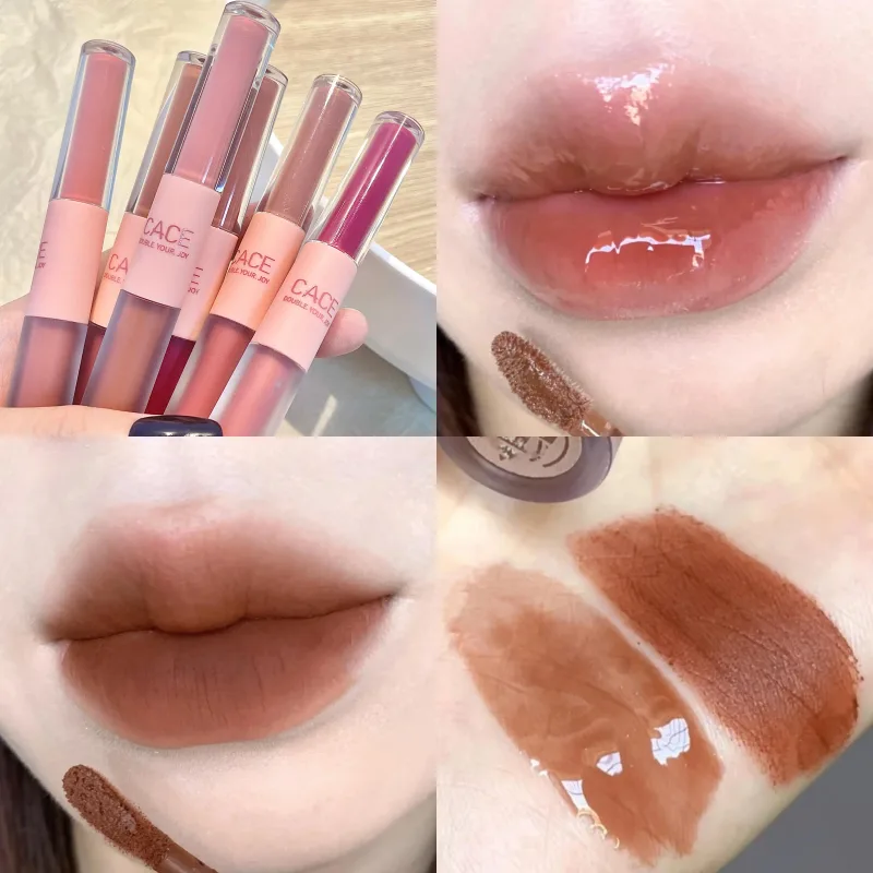 Batom líquido de cabeça dupla hidratante, esmalte labial de longa duração, lama labial fosca 2 em 1, brilho labial à prova d'água, cosméticos
