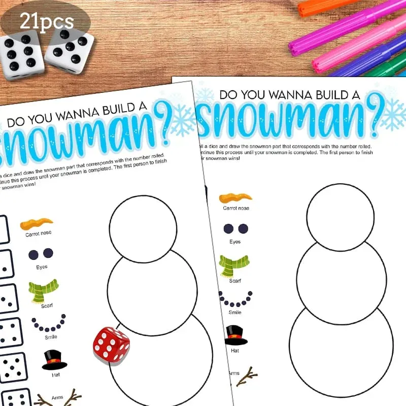 21 pçs natal rolar um boneco de neve cartas de jogo conjunto de jogo de rolamento de dados jogo de desenho de boneco de neve festa de família e jogo de festa de férias