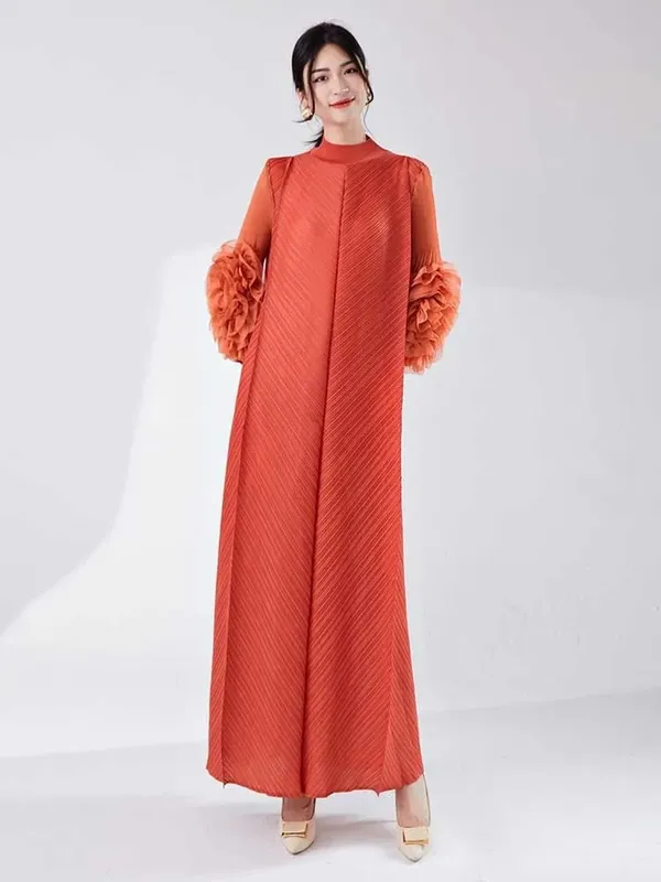 Vestido longo plissado com mangas babados, solto, cor sólida, costura, roupas femininas para festa, verão, roupas novas 2da5900