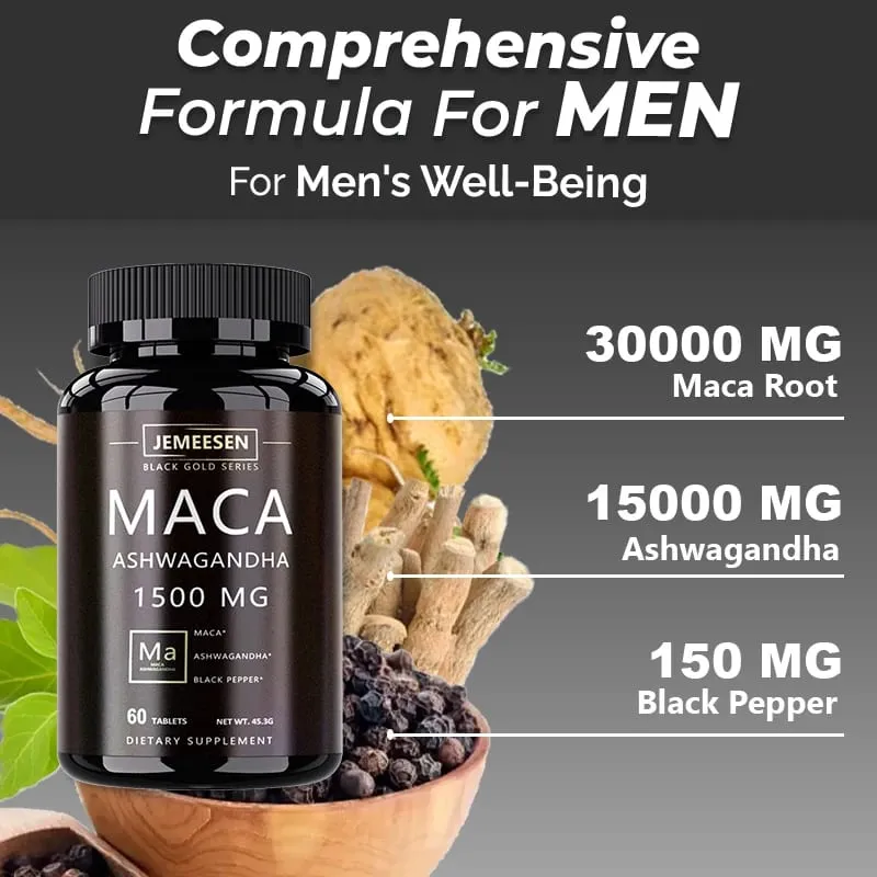 有機瑪卡根粉膠囊 1500 毫克，含有瑪卡根萃取 Ashwagandha 黑胡椒男士補充劑