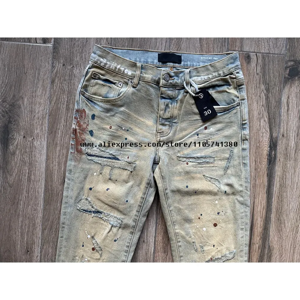 Calça jeans masculina alta rua desgastada, lavada, azul claro, graffiti, buracos danificados, stretch, botão magro, rasgado