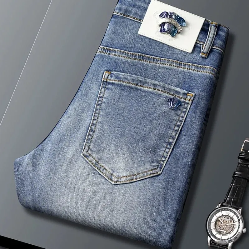 2024 novas calças de brim masculinas de alta qualidade luz luxo e simplicidade versátil moda casual roupas masculinas ajuste fino calças cônicas