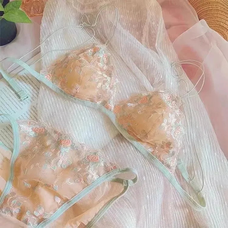Francês puro desejo bordado renda sonho triângulo copo sem underwire cinto fino pequeno conjunto de sutiã ultra-fino sexy conjunto de sutiã