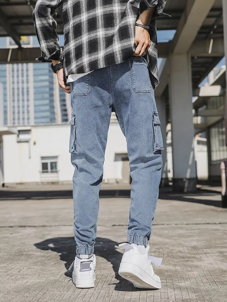 Jeans jogger masculino lavado algodão leve estiramento multi-bolsos calças cargo jeans tamanho asiático L-6XL
