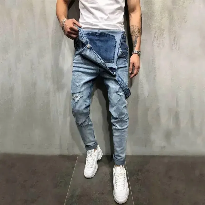 Men Jeans Jumpsuits Denim Overalls Distressed Pockets One Piece Pencil Pants Solid Washed Ankle Length Safari Style Spliced