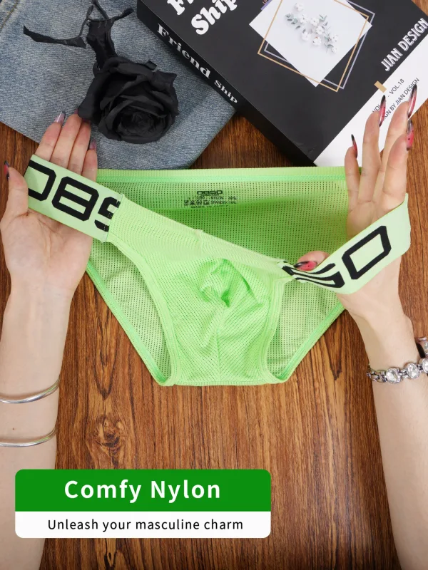 Cuecas masculinas de mistura de nylon, cuecas respiráveis ​​com letras de chifre em relevo, cintura elástica larga, cor fluorescente, roupa íntima sexy