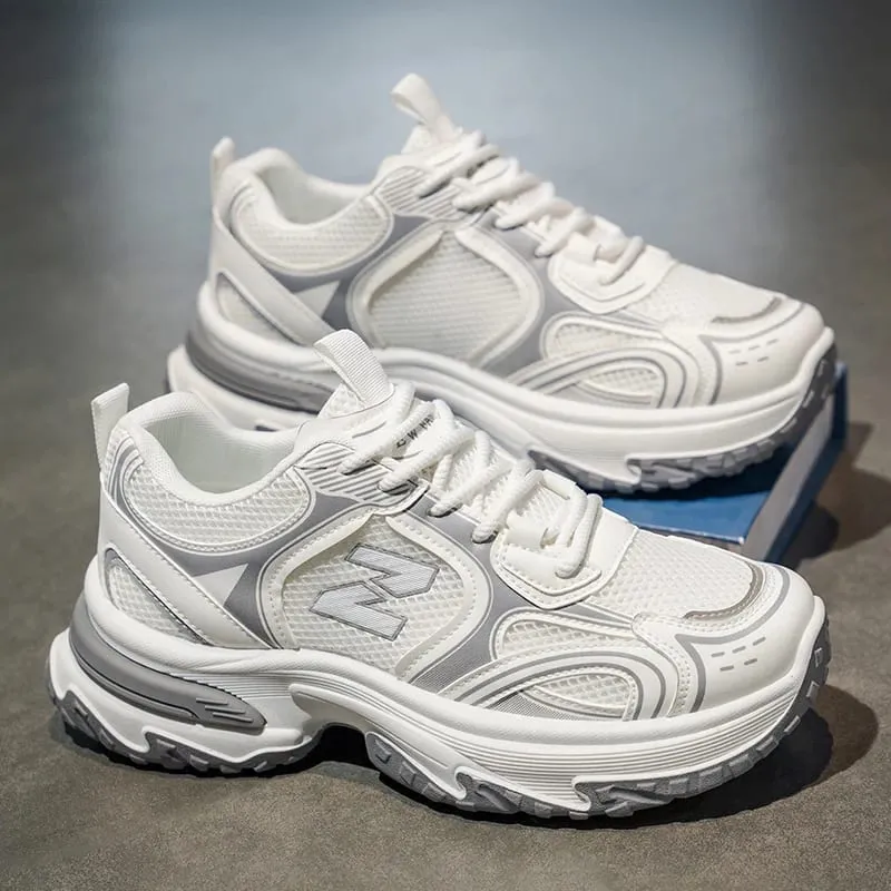 2025 novos tênis masculinos de sola grossa de altura crescente estilo retro malha respirável versátil sapatos casuais