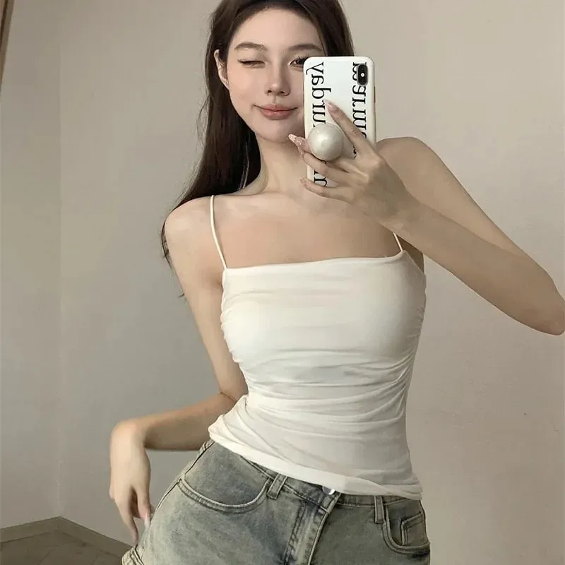 Top curto sexy com alças finas, regata branca lisa, estilo coreano, sem mangas, roupa íntima feminina, camisola justa