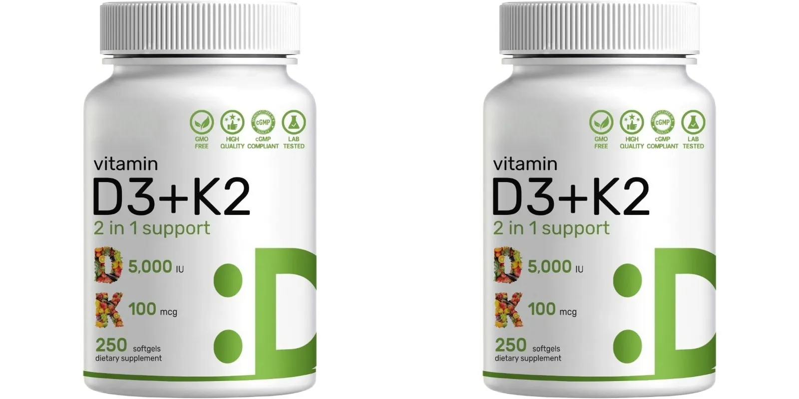 Vitamina D3 + K2 MK7 Softgels 250 Contagem 2 em 1 Complexo Não OGM Sem Soja Sem Glúten Suporte à Saúde Óssea Impulsionador do Sistema Imunológico