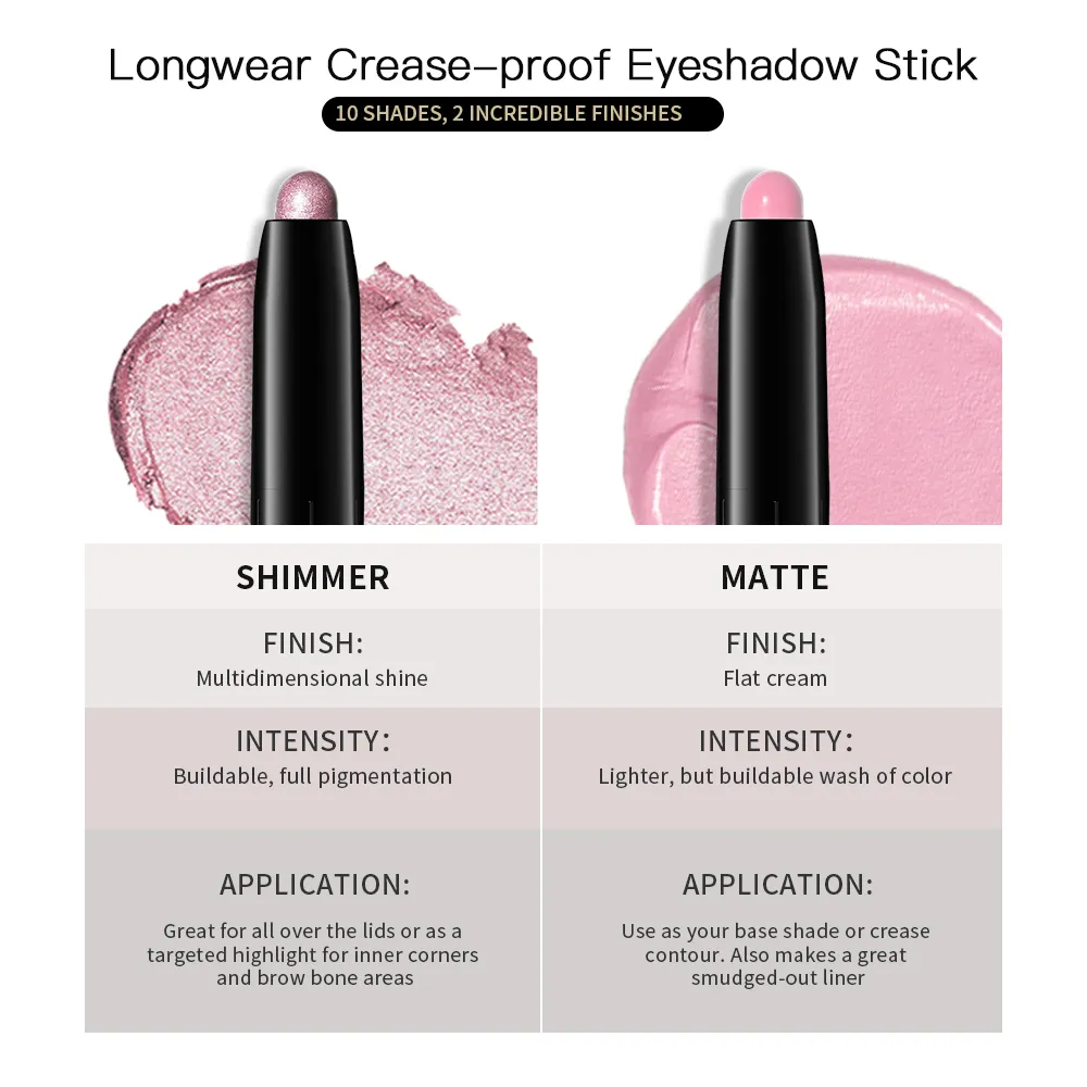 Forro de sombra em bastão, fosco e brilhante, à prova d'água, metálico, glitter, sombra, iluminador, lápis, cosméticos naturais