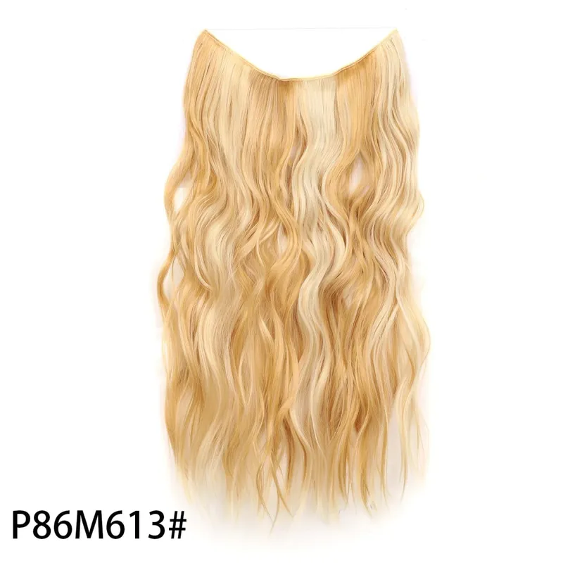Extensões de cabelo de fio invisível sintético longo 4 clipes em onda encaracolado peruca para mulheres 20 Polegada extensões de cabelo de linha de peixe secreto