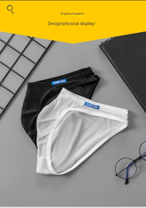 Cueca masculina sexy fina de seda gelo translúcida cuecas u bolsa ropa interior hombre calcinha masculina