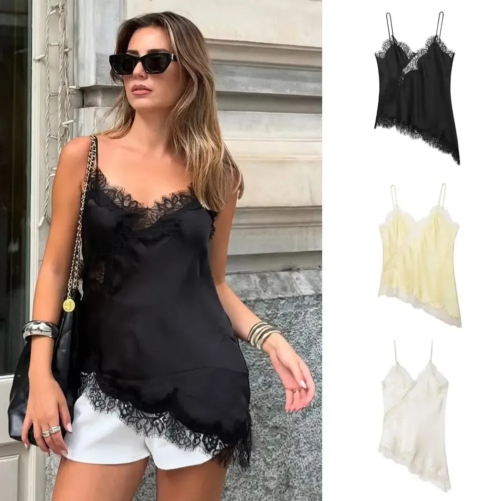 Elegante assimétrico rendas retalhos topo sem mangas sem costas camisola topos com decote em v sexy rendas feminino regata verão wear