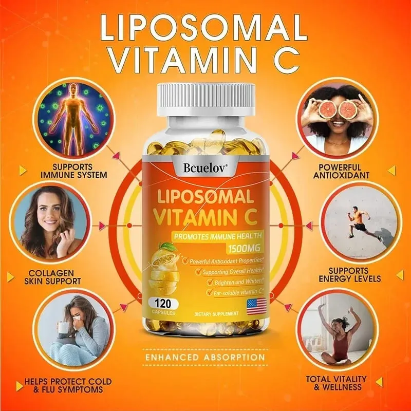 Cápsulas lipossomais de vitamina C, poderoso antioxidante, promove a produção de colágeno e apoia a saúde da pele 1500mg