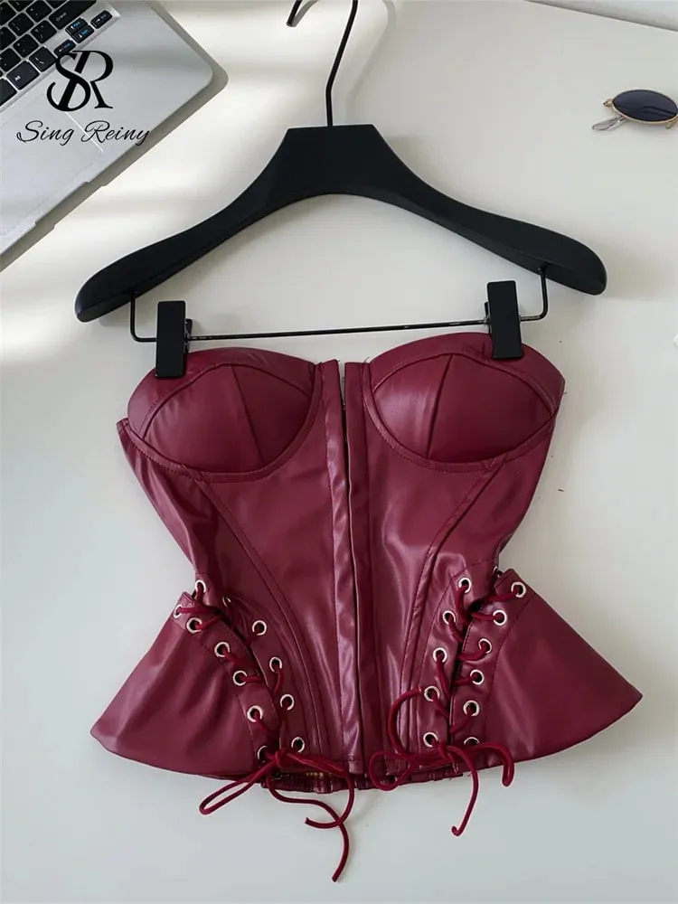 PU Leather Sensual Club Bustier Strapless Slim Lace Up Shirred Backless Camis Female Edgy Streetwear Fashion Tank Tops