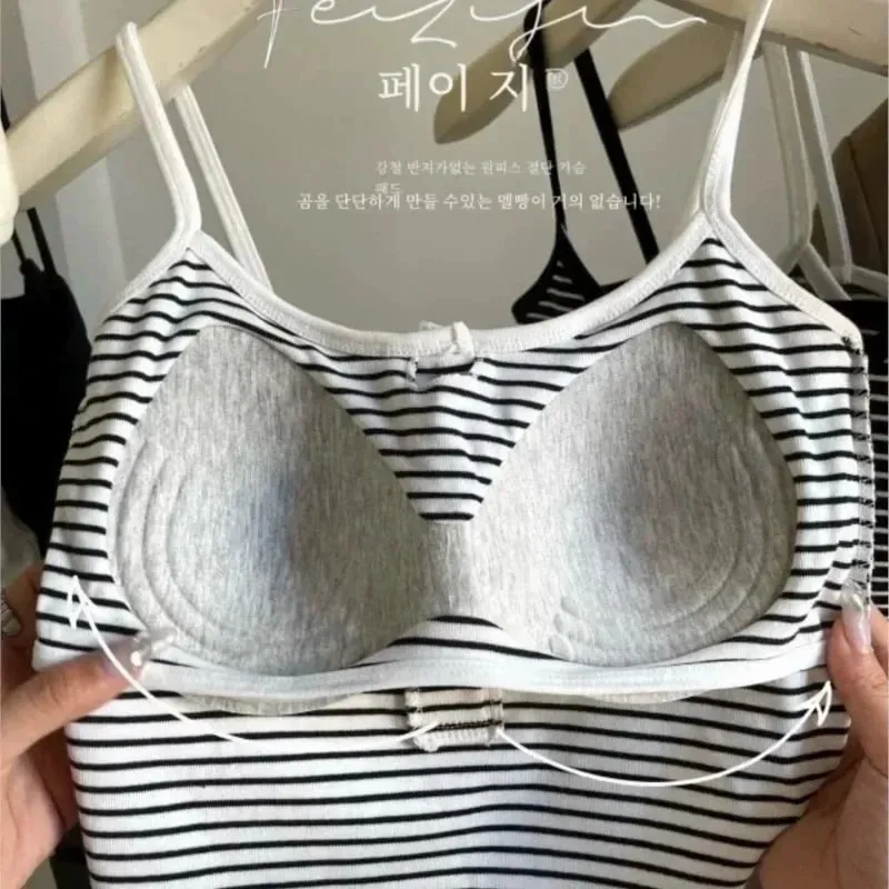 Colete feminino listrado integrado, roupa interna e externa, botão fixo, sem sutiã, top esportivo, estilo curto, algodão 100%, colete curto