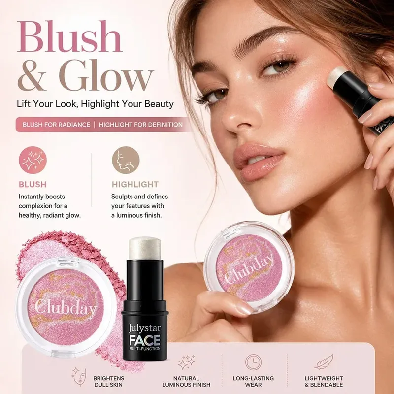 Conjunto combinado de blush e destaque, acabamento orvalhado luminoso, cor edificável, uso de longa duração para maquiagem facial com brilho natural