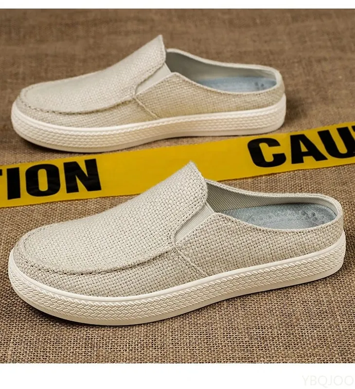 Verão respirável cor sólida versátil e confortável sapatos de pano masculinos de um pé casuais leves meio arrasto mocassins